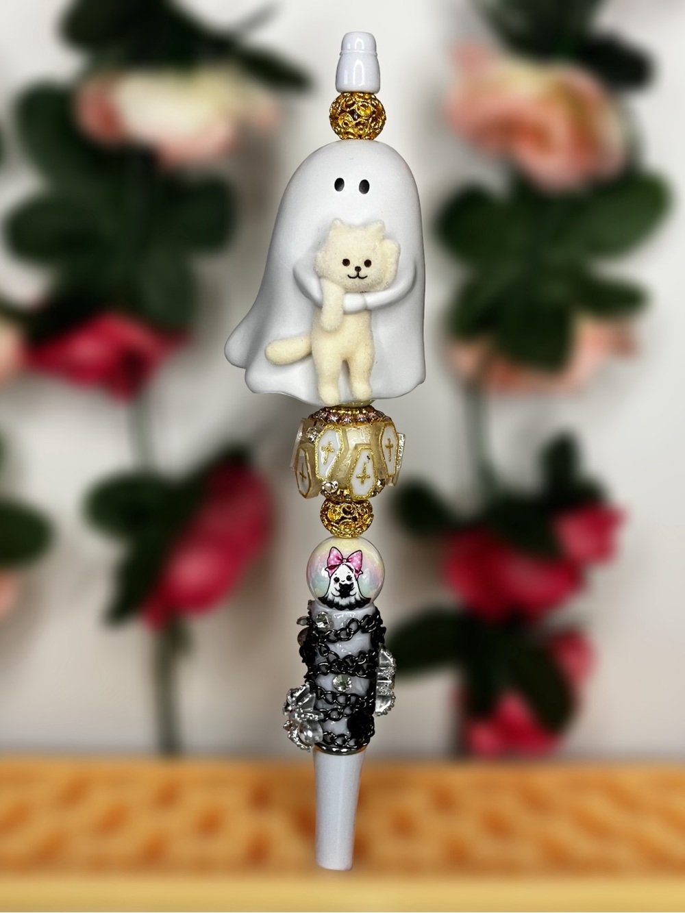 Behold my Cat Upcycled Ghost with Cat Figure on Spider Pen • Handmade • Beaded